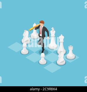 Homme d'affaires isométrique 3d plat utilisant un télescope et debout sur le plateau d'échecs. Stratégie d'entreprise et concept de vision. Illustration de Vecteur
