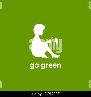 enfant avec sprint. garçon et feuille. Logo blanc isolé sur vert. Logo Ecologie. Écologique. Passez au concept vert. Illustration vectorielle plate. Carte du jour de la terre Illustration de Vecteur