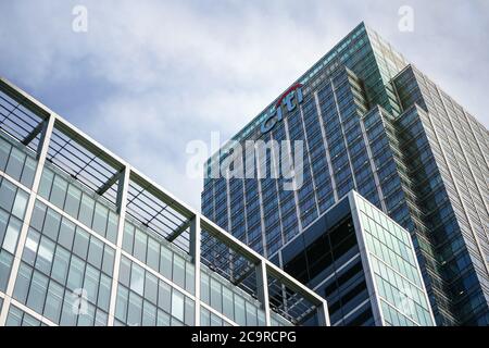 Londres, Royaume-Uni - 03 février 2019 : Sun brille sur le siège de Citi EMEA à Canary Wharf. Citibank (Citigroup Inc.) est une interdiction d'investissement américaine Banque D'Images