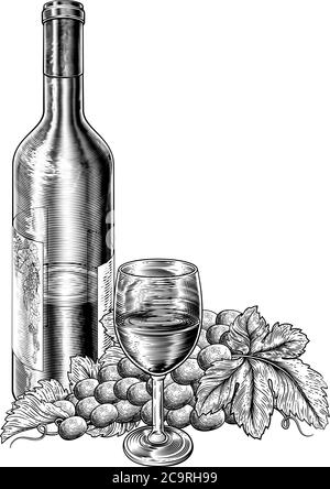 Vin bouteille de vin raisins Vine Bunch Woodcut style Illustration de Vecteur