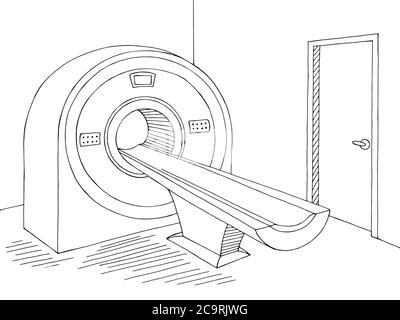 Scanner de tomographie assistée par ordinateur intérieur de la salle d'hôpital graphique noir blanc schéma vecteur d'illustration Illustration de Vecteur