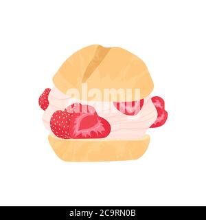 Profiteroles à la crème fouettée et illustration de vecteur de fraise dans le style de dessins animés plats. Délicieux dessert mignon avec icône plate de baie et texture. Isola Illustration de Vecteur