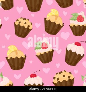 Divers motifs vectoriels Cupcake et muffin sans couture dans un style de dessins animés plats. Joyeux anniversaire fond de cupcake avec fruits et baies. Mignon coloré de Illustration de Vecteur