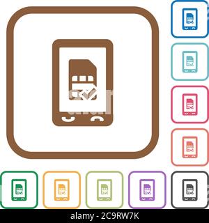 Mobile simcard accepte des icônes simples dans des cadres carrés de couleur arrondis sur fond blanc Illustration de Vecteur