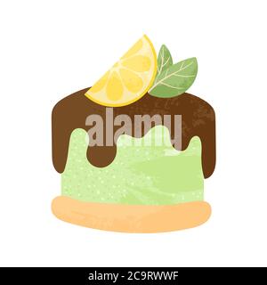 Gâteau savoureux décoré de tranches de citron et de chocolat. Cheesecake avec garniture et citron vert isolé sur fond blanc. Dessert au fromage. Vecteur plat illust Illustration de Vecteur