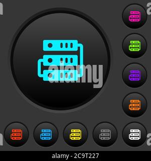 Serveurs connectés boutons-poussoirs sombres avec icônes de couleur vive sur fond gris foncé Illustration de Vecteur