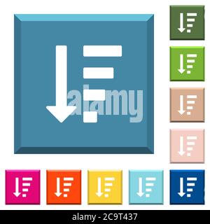 Mode de liste ordre décroissant icônes blanches sur des boutons carrés avec bordures dans différentes couleurs tendance Illustration de Vecteur