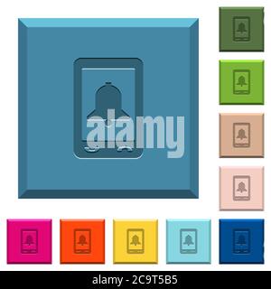 Icônes d'alarme mobile gravées sur des boutons carrés à bords dans différentes couleurs tendance Illustration de Vecteur