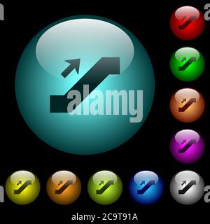 Les icônes de l'affiche supérieure de l'escalier roulant sont de couleur et sont éclairées par des boutons en verre sphérique sur fond noir. Peut être utilisé pour les modèles noirs ou sombres Illustration de Vecteur