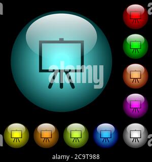 Chevalet avec icônes de toile vierges en couleur boutons sphériques lumineux en verre sur fond noir. Peut être utilisé pour les modèles noirs ou sombres Illustration de Vecteur