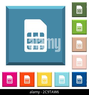 Les icônes blanches de la carte SIM sur les boutons carrés à bords dans diverses couleurs tendance Illustration de Vecteur