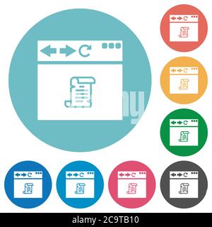 Navigateur exécutant des icônes de script blanc plat sur des arrière-plans de couleur ronde Illustration de Vecteur