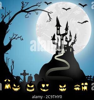 effrayant château d'halloween avec des pierres graves devant une pleine lune blanche avec des chauves-souris et quelques citrouilles effrayantes Illustration de Vecteur