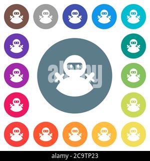 Icônes blanches plates d'avatar Ninja sur des arrière-plans de couleur ronde. 17 couleurs d'arrière-plan sont incluses. Illustration de Vecteur