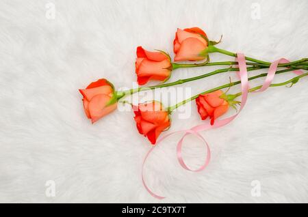 Roses orange sur fourrure blanche. Concept tendance. Vue de dessus, gros plan Banque D'Images