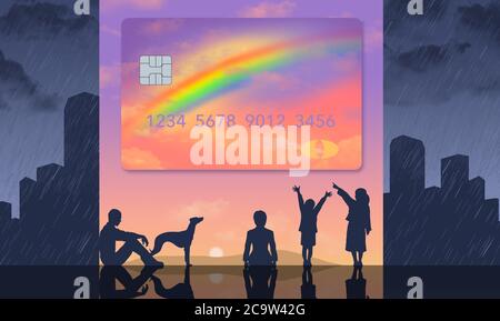 Une famille est vue endurer un jour pluvieux en utilisant une carte de crédit décorée d'un arc-en-ciel dans cette illustration sur l'utilisation du crédit pour les urgences. Banque D'Images