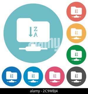FTP tri descendant des icônes blanches plates sur des arrière-plans de couleur ronde Illustration de Vecteur