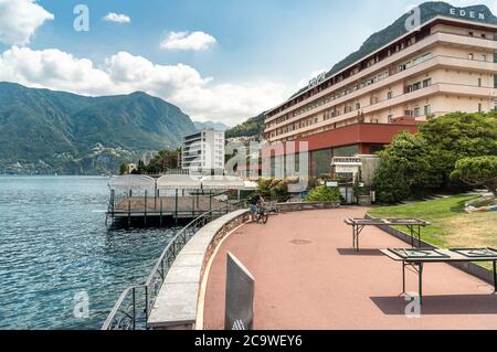 Lugano, Tessin, Suisse - 5 août 2019: Vue sur le Grand Eden Hotel sur les rives du lac de Lugano dans la ville de Lugano Paradiso, Suisse Banque D'Images