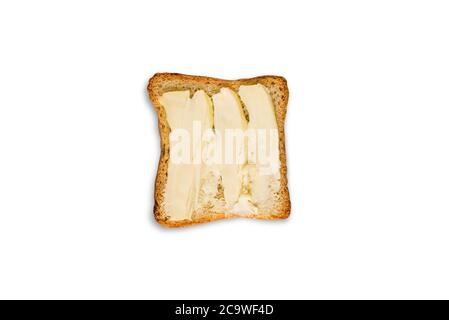 Pain et beurre isolés sur fond blanc. Vue de dessus d'une mise en page à plat. Banque D'Images