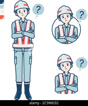 Un homme portant des vêtements de travail avec des images de questions. Il s'agit d'un vecteur d'art, ce qui facilite l'édition. Illustration de Vecteur