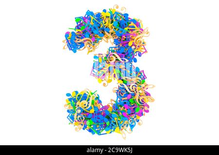 Numéro 3 des notes de musique colorées. Rendu 3D isolé sur fond blanc Banque D'Images