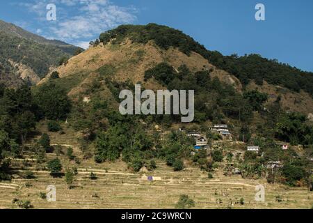 Village en rizières sur une colline au circuit Annapurna, Népal Banque D'Images