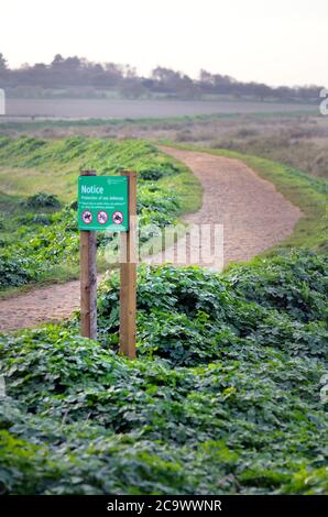 une passerelle publique sinueuse et une agence environnementale signent des marais à blakeny, au nord de norfolk, en angleterre Banque D'Images