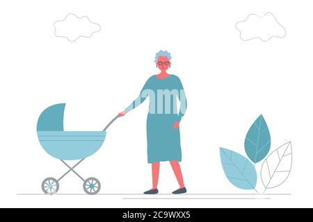 Grand-mère avec petit-enfant dans la poussette de bébé. Vieille femme avec un pram bleu sur une promenade. Il y a aussi des plantes et des nuages sur l'image. Style plat et funky Illustration de Vecteur