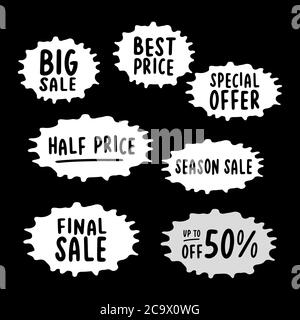 Jeu d'autocollants de VENTE à la main. Meilleur prix, offre spéciale, soldes de fin de saison, jusqu'à 50 devis de réduction Illustration de Vecteur