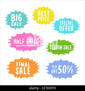 Jeu d'autocollants de VENTE à la main. Meilleur prix, offre spéciale, soldes de fin de saison, jusqu'à 50 devis de réduction Illustration de Vecteur