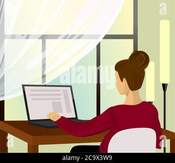 Travailleur de bureau ou indépendant. Jolie femme est assise au bureau et travaille sur l'ordinateur. Espace de travail confortable, intérieur moderne. Bureau à domicile Illustration de Vecteur