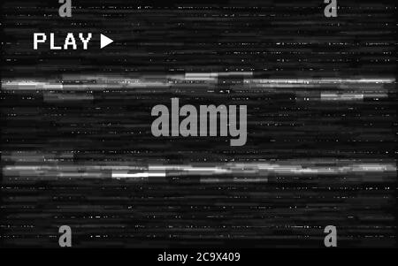 Modèle de caméra VHS Glitch. Effet de distorsions analogiques blanches. Icône de lecture sur fond noir. Vieux concept de formes vidéo. Rembobinage de bande rétro. Vecteur Illustration de Vecteur