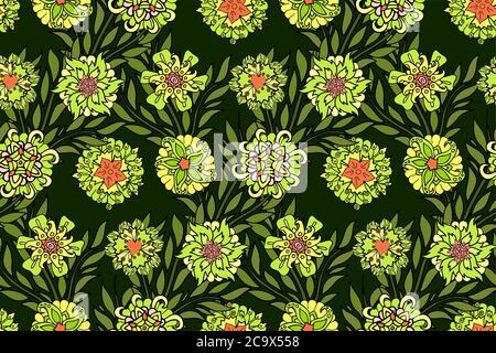 Magnifique motif fleuri vert sans couture avec différentes fleurs Illustration de Vecteur