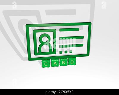 Représentation 3D de LA CARTE avec icône sur le mur et texte disposé par des lettres métalliques cubes sur un fond miroir pour la signification du concept et la présentation du diaporama. Illustration et arrière-plan Banque D'Images