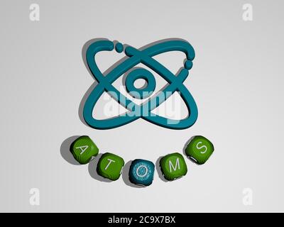 Illustration 3D des atomes graphiques et texte autour de l'icône faite par des lettres de dés métalliques pour la signification connexe du concept et des présentations. Fond et chimique Banque D'Images