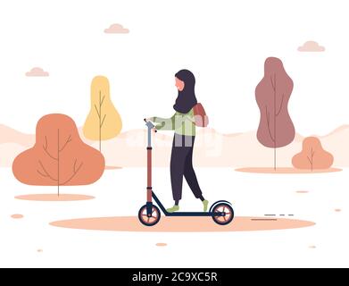 Arrière-plan de l'automne. Caricature femme arabe en hijab à bord d'un scooter dans le parc. Un mode de vie sain. Transport écologique. Illustration vectorielle moderne à plat Illustration de Vecteur