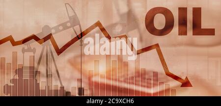 Baisser le prix du pétrole. Les puits de pétrole ont un arrière-plan flou. Flèche de fourreau vers le bas. Banque D'Images