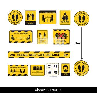 mettre des panneaux d'avertissement pour la distance sociale coronavirus mesures de protection contre la pandémie concept garder 2 mètres distance autocollants collection illustration du vecteur Illustration de Vecteur