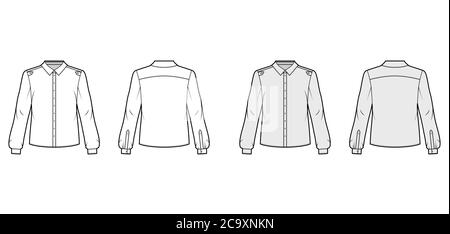 Chemise classique de style militaire illustration technique de la mode avec patte boutonnée, épaulettes, manches longues. Modèle de vêtement de blouse plate avant arrière blanc gris couleur. Femmes hommes unisexe top CAD Illustration de Vecteur