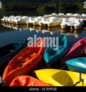 Rangées de pédalos à louer le long d'un ponton en bois, lac Chambon , Puy de Dome, Auvergne, France Banque D'Images