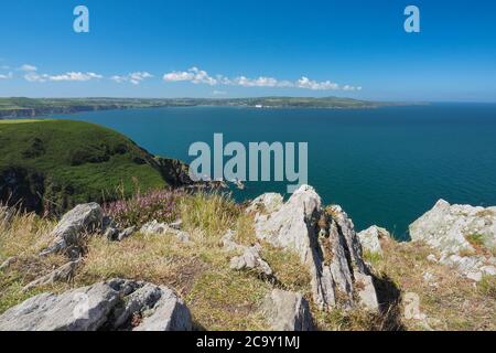 Vue de Dinas Head sur l'île de Dinas à Fishguard Harbour, Pembrokeshire, pays de Galles Banque D'Images