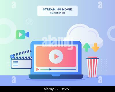 Streaming film illustration set lecture vidéo à proximité photo film icône télécharger le nuage avec le style plat Illustration de Vecteur