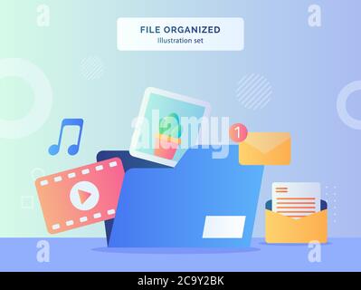 Fichier le dossier de jeu de fichiers d'illustrations organisées contient la vidéo musique photo message e-mail avec un style plat Illustration de Vecteur