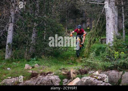 homme faisant un vtt descendant dans une forêt, concept de sport et un mode de vie sain Banque D'Images