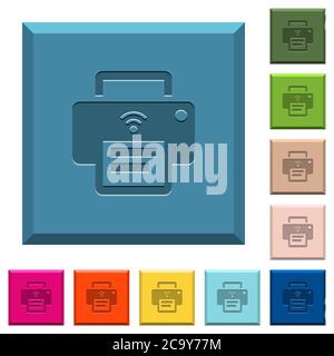 Imprimante sans fil icônes gravées sur des boutons carrés à bords dans différentes couleurs tendance Illustration de Vecteur