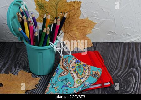 Un étui à crayons sous forme de poubelle. Il contient des crayons de couleur. À proximité se trouve un bloc-notes et un masque de protection pour la pandémie. Feuilles d'érable séchées Banque D'Images