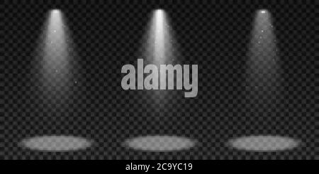 Spots isolés sur un fond transparent foncé. Un ensemble d'effets de lumière. Éléments pour le spectacle et la scène. Particules incandescentes. Illustration vectorielle. EPS Illustration de Vecteur