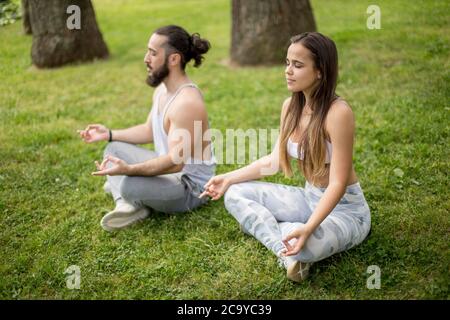 Fitness, yoga, et le style de concept - couple exercices de yoga dans le parc ensoleillé Banque D'Images