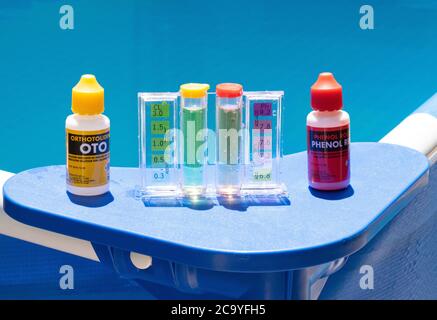 Kit de test de piscine pour les niveaux de cloro et de ph de l'eau Banque D'Images
