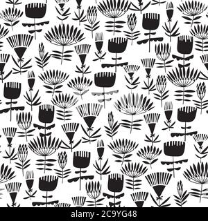 Motif fleuri décoratif BW élégant sans couture. Carreau de carreau à motif floral vectoriel pour le fond, le tissu, le textile, le papier d'emballage, la surface, la toile et l'imprimé. Illustration de Vecteur
